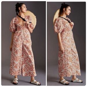 Anthropologie Hutch Floral Puff Sleeve Wide Leg Jumpsuit Sz XL